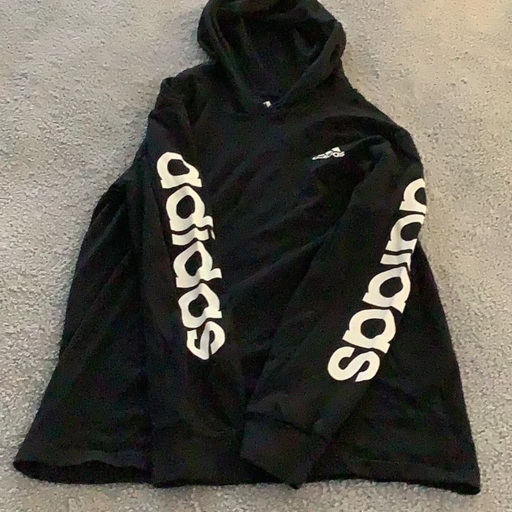 Adidas youth size medium 10/12 black and white long sleeve hooded tee.